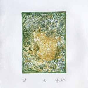 May include: A green and yellow print of a cat sitting in a leafy forest. The print is titled "Kat" and numbered "1/10". The artist's signature is "Brigid Barr".