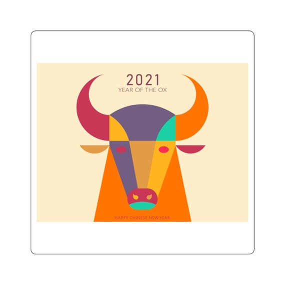 Square Stickers - Happy Chinese New Year, China, Taiwan, Vietnam, Korea, 2021, New Year, fun, gift, celebrate, family, year of the ox
