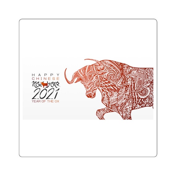 Square Stickers - Happy Chinese New Year, China, Taiwan, Vietnam, Korea, 2021, New Year, fun, gift, celebrate, family, year of the ox