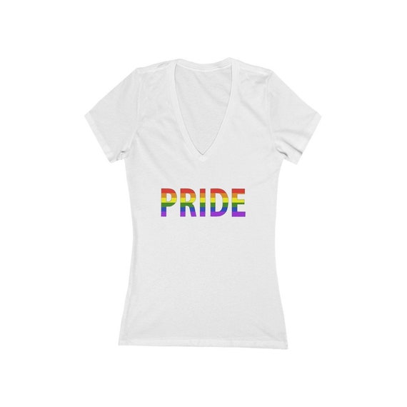 Women's Jersey Short Sleeve Deep V-Neck Tee - show your pride- wear with pride, proud, LGBTQ, couples, same-sex, love is love, gift