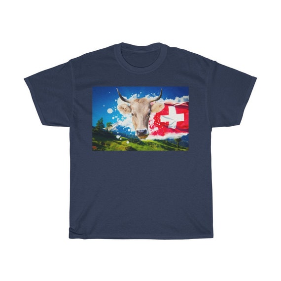 Unisex Heavy Cotton Tee - Swiss wear, alps, switzerland, schweiz, suisse, travel, vacation, Swiss abroad, Swiss-American, t-shirt, cow
