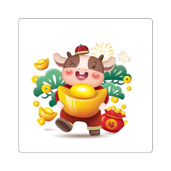 Square Stickers - Happy Chinese New Year, China, Taiwan, Vietnam, Korea, 2021, New Year, fun, gift, celebrate, family, year of the ox