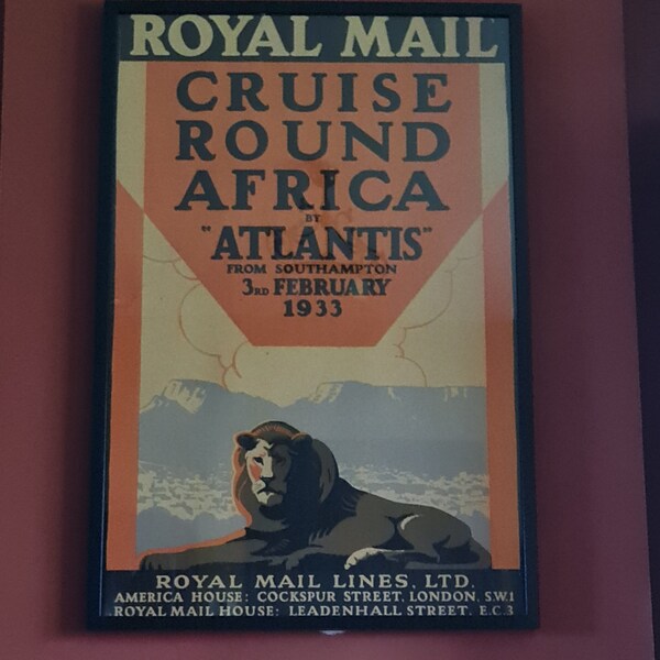 Original Royal Mail Lines poster incorniciato 3 febbraio 1933 Vintage Cruise Round Africa di Atlantis da Southampton America House London