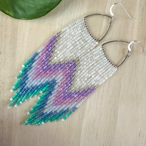 Beaded mermaid blue, aqua, pink, silver, Purple  fringe earrings on silver rounded triangles.