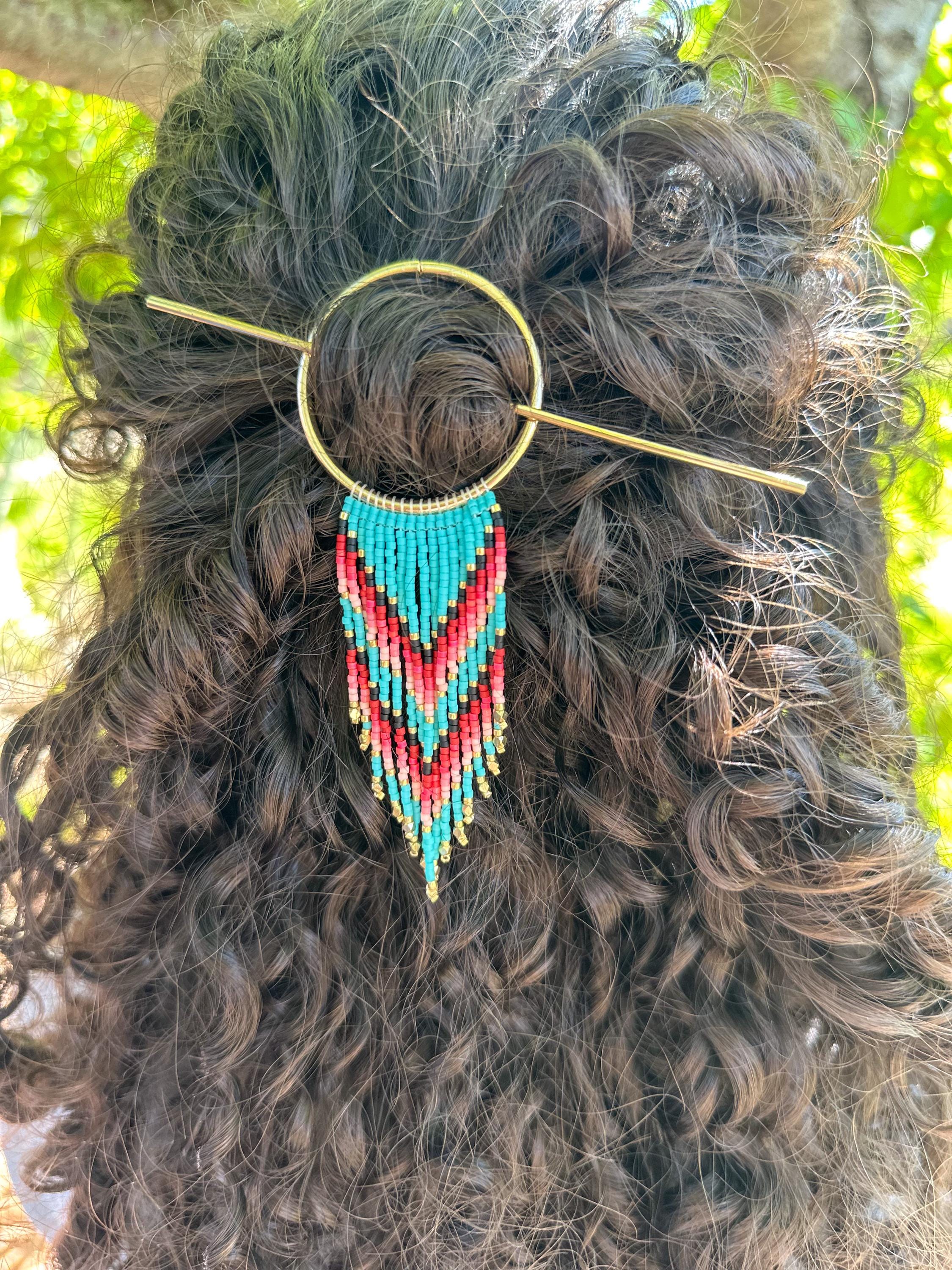 Handmade Alaska Native Beaded Barrette with white/teal/orange beads and dangles Beaded Boho Barrette, Native American Beaded Clip, Boho Hair  main image 4