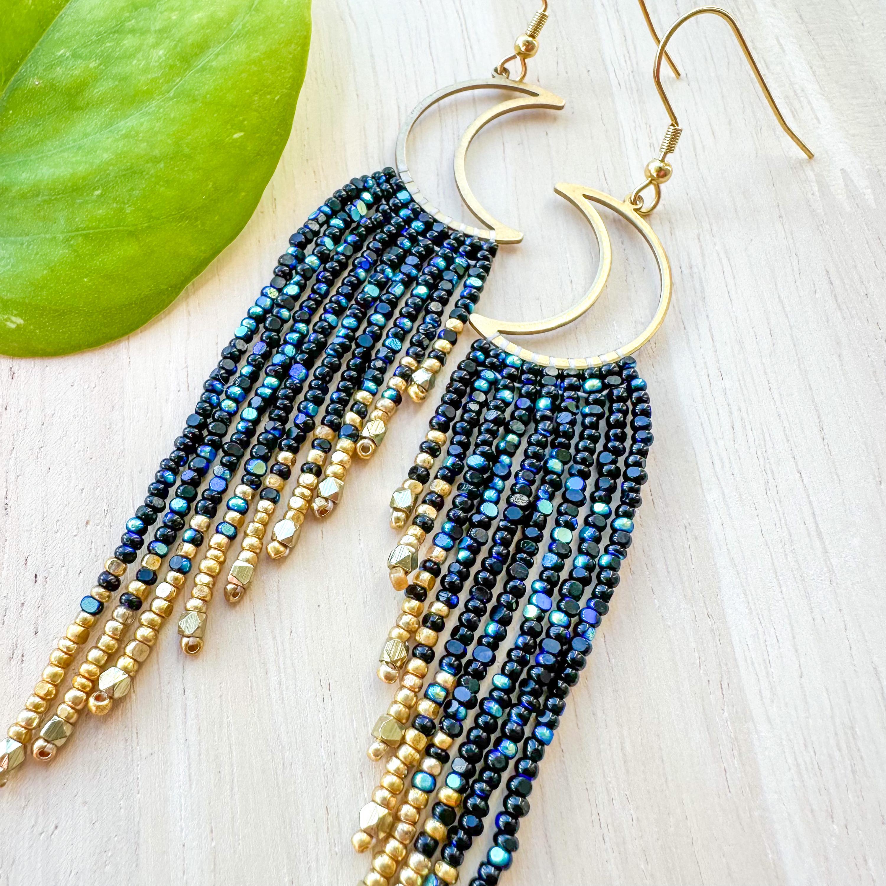 Beaded Black, Sparkle Gold Fringe Earrings on Brass