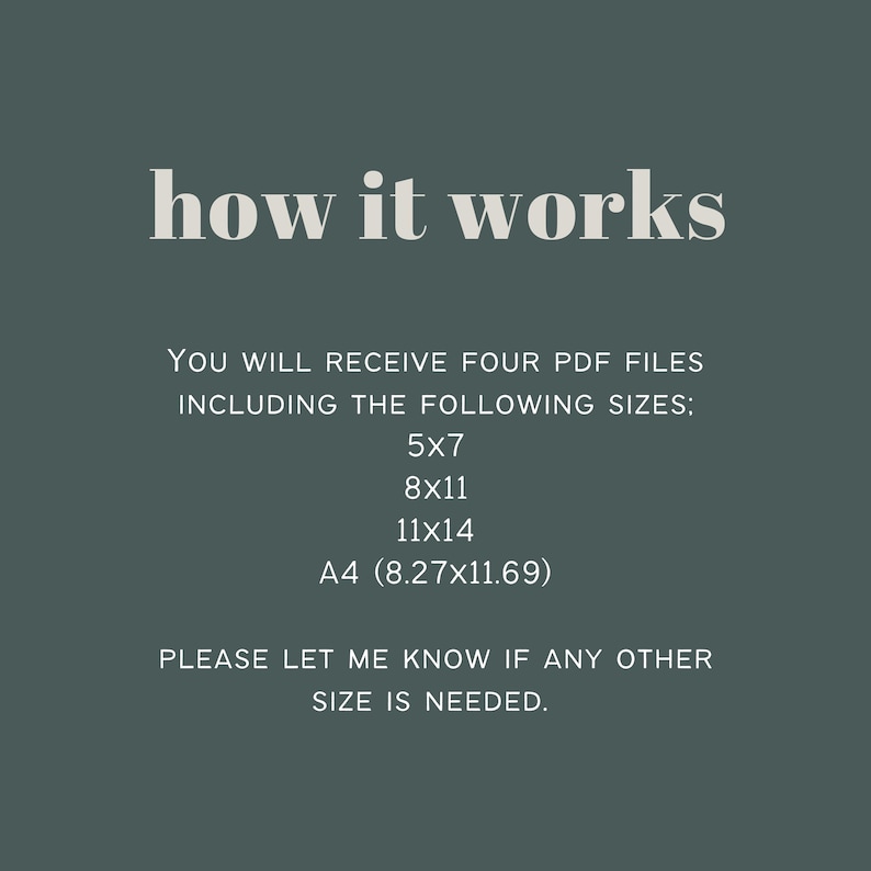Pode incluir: Texto sobre um fundo verde que diz "how it works". Voc&ecirc; receber&aacute; quatro arquivos PDF incluindo os seguintes tamanhos: 5x7, 8x11, 11x14, A4 (8,27x11,69). Por favor, avise-me se precisar de algum outro tamanho.