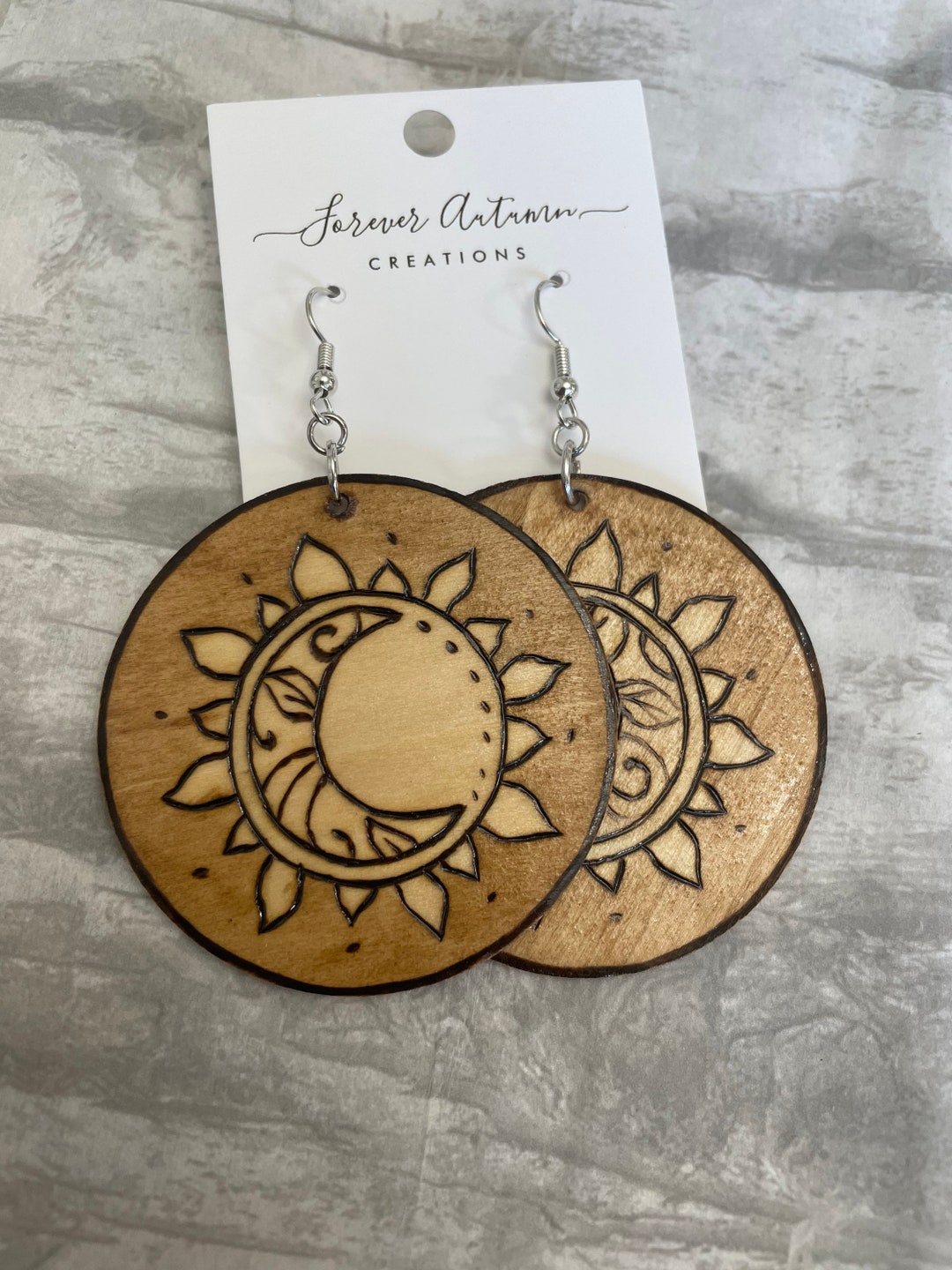 Sun and Moon Round Wood Burned Earrings
