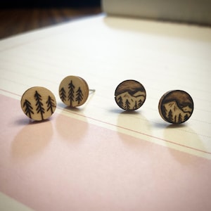Wood burned stud earrings- pine trees, mountain scene