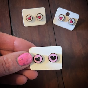 Cute heart stud earrings hand painted and burned wooden studs