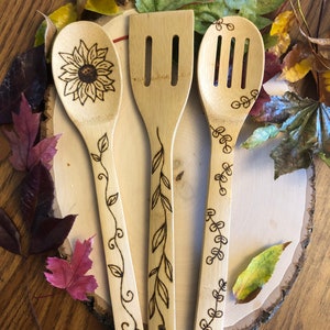 Custom woodburned floral cooking spoons