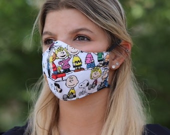 Snoopy Face Mask + 2 PM2.5 Filters USA - Snoopy White Peanuts Gang, Fabric Face Mask, Washable Face Mask, Reusable Face Mask