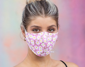 Pink Daisy Face Mask  -  Floral Face Masks, Hand Made Face Mask with replaceable filter, Daisies