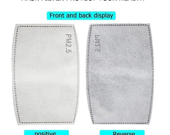May include: Two white rectangular air filter replacements for a face mask. The front side of the filter has the text "PM2.5" printed on it. The back side of the filter has the text "G3" printed on it. The filter is labeled "positive" on the front and "reverse" on the back.