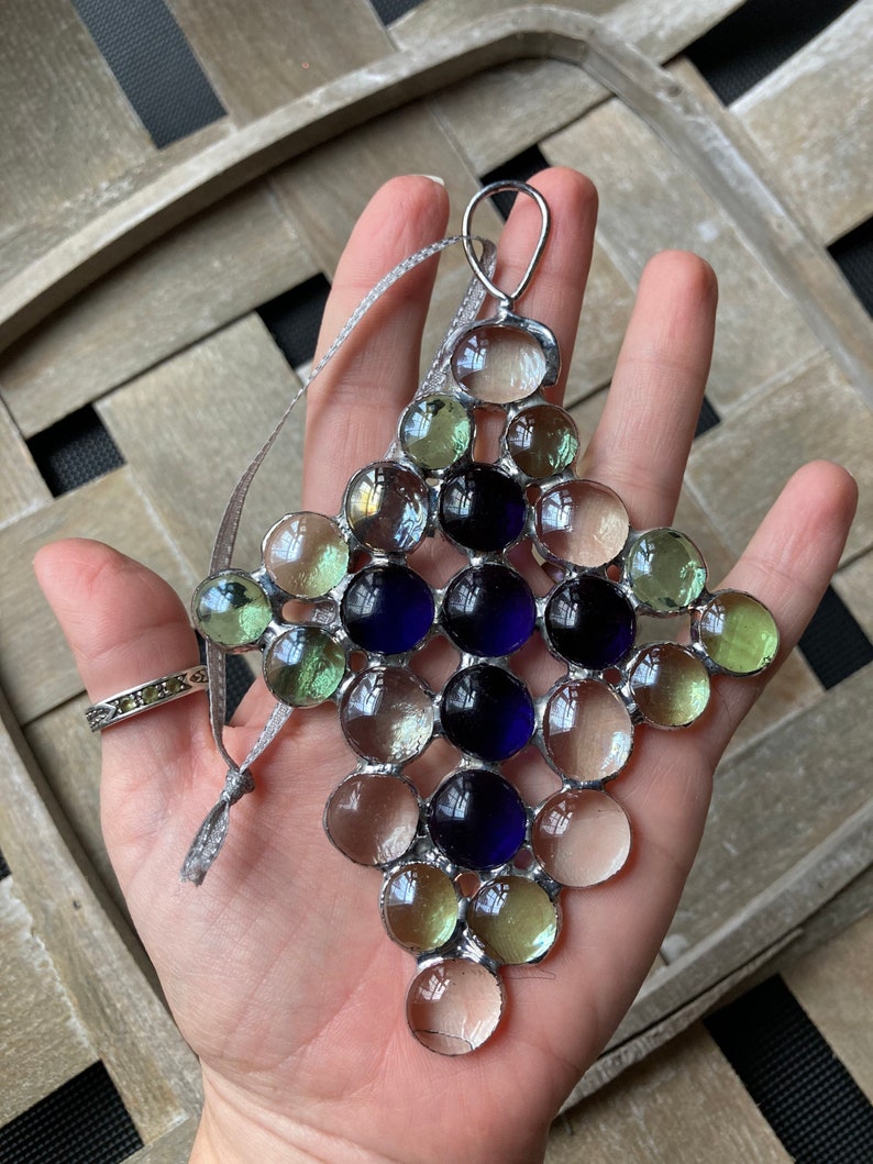 Green and Clear border Purple Cross Ornament Glass Sun Catcher Cross