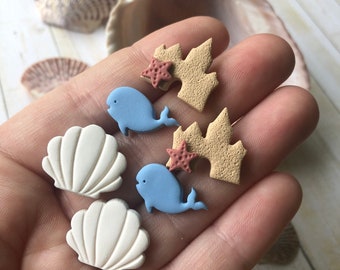 Sand Castle, Blue Whale, Sea Shell Stud Earrings