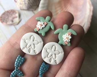 Sea Turtle, Sand Dollar, Mermaid Tail Stud Earrings