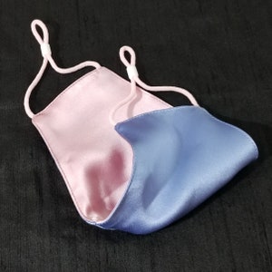 Azalea Pink & French Blue Reversible Two-Tone 100% Pure Silk Charmeuse Face Mask. Choose your colors. Washable and Hypoallergenic image 1