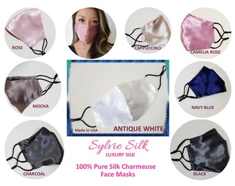 SYLVIESILK Silk Face Mask WHITE Mulberry Silk Mask, Reusable Washable Breathable, Dazzlingly Soft Three Layers High Quality, adjustable