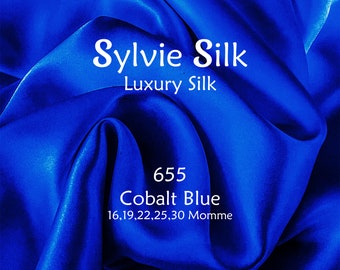 25 & 30 Momme Mulberry Silk Fabric COBALT BLUE Width 45” | Grade 6A 100% Pure Mulberry Silk Charmeuse| Organic| Half Yard or One Yard