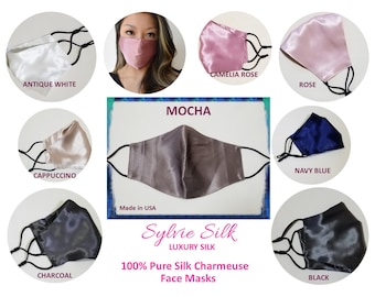 Masque en soie SYLVIESILK MOCHA Mulberry Silk Mask, respirant réutilisable respirant, éblouissant doux trois couches de haute qualité, réglable