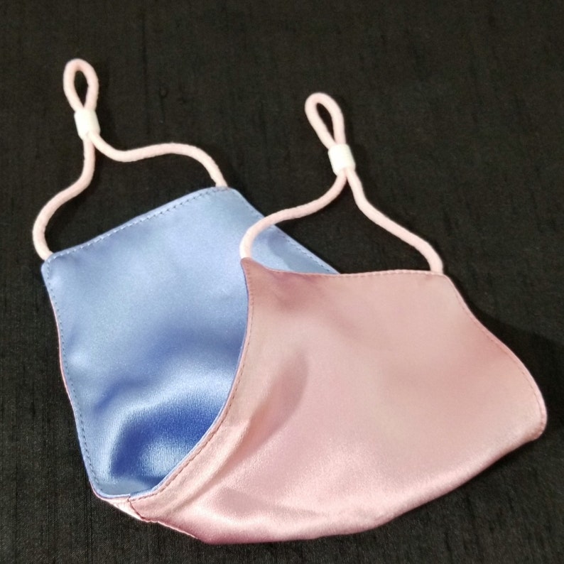 Azalea Pink & French Blue Reversible Two-Tone 100% Pure Silk Charmeuse Face Mask. Choose your colors. Washable and Hypoallergenic image 3