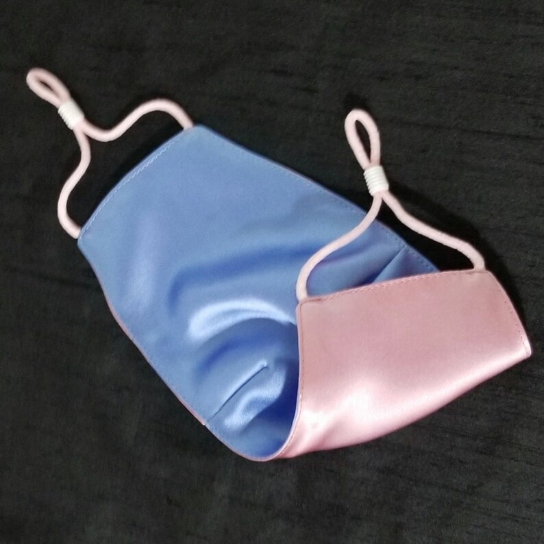 Azalea Pink & French Blue Reversible Two-Tone 100% Pure Silk Charmeuse Face Mask. Choose your colors. Washable and Hypoallergenic image 2