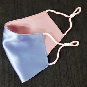Azalea Pink & French Blue Reversible Two-Tone 100% Pure Silk Charmeuse Face Mask. Choose your colors. Washable and Hypoallergenic image 4