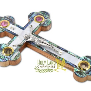 Mother of Pearl Crucifix | Holy Cross for Wall Made of Olive Wood with Mother of Pearl Inlaid | Wall Crucifix Catholic | Olive Wood Cross