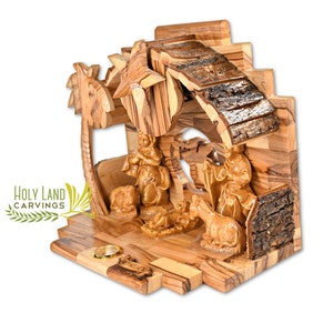 Wooden Nativity Set with Bark Roof Made of Olive Wood in the Holy Land - Christmas Nativity for Home Décor - Christmas Nativity Scene Set