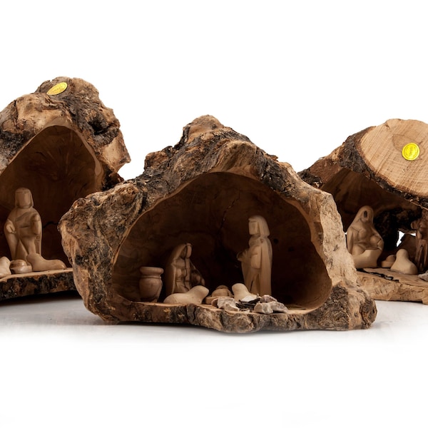 Belén en pesebre tallado en rama maciza de olivo - Decoración navideña para el pesebre - Hecho en Tierra Santa