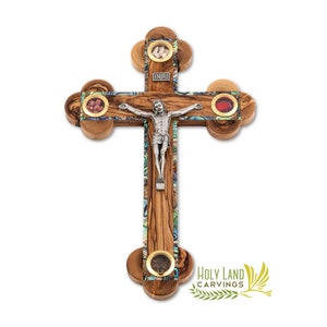 Olive Wood Cross with Mother of Pearl Stripe, Wall Crucifix with 4 lenses Adorned with Stone/Leaf/Flowers/Incense - Wall Cross Home Décor