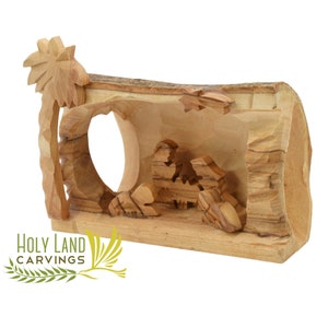 Nativity Scene in Manger carved inside of a Solid Piece of Olive wood Branch - Small Christmas Tree Nativity Set Made in the Holy Land