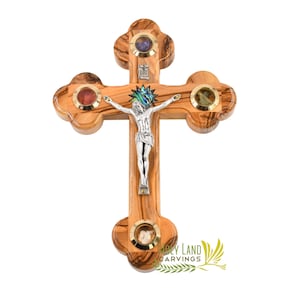 Wall Crucifix Made of Olive Wood in Bethlehem - Unique Holy Land gift for weddings, Baptisms, Anniversary and Graduation (7 x 5 Inches)
