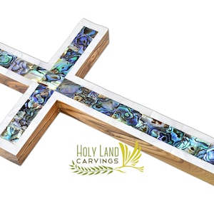 Olive Wood Cross Covered with Mother of Pearl, Holy Cross for Wall Decor, Religious gift for any age or occasion