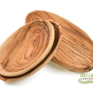 Olive Wood Plate, Oval Wooden Plate Appetizers, Hand Carved Olive Wood Plates Made in the Holy Land, Olive Wood Plate Set of 3