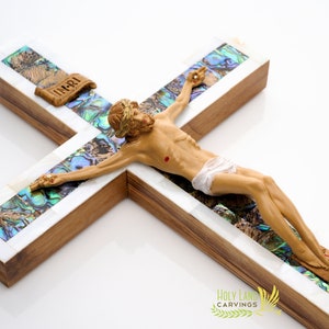 14 Inch Large Mother of Pearl Crucifix Inlaid over Olive Wood Made in the Holy Land, Holy Crucifix for Wall