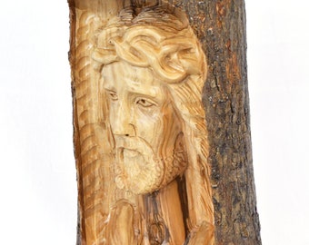 Jesus Head Carved in Olive Wood Branch, Jesus Statue for Home Décor made of Holy Land's Authentic Olive Trees, Unique Gift for any Occasion