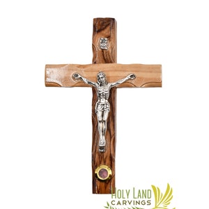 Holy Land Crucifix Made of Olive Wood with a Glass filled with Incense from Bethlehem - Simple Wall Hanging cross for Kids Room (5″ x 3″)