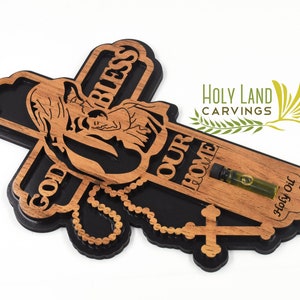 Wooden Cross Virgin Mary Holding Baby Jesus with Holy Rosary & Oil - Wall Cross for Home Décor Made in the Holy Land - Unique Catholic Gift