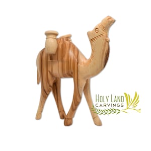 Hand Carved Camel Figurine | 5.2&quot; Long Olive Wood Camel with Jars Made in the Holy Land | Perfect piece to add to your Nativity