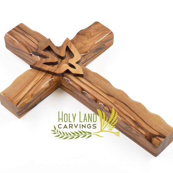 6" Holy Spirit Cross, Olive Wood Cross, Wooden Wall Cross with Dove Hand Carved in the Holy Land, Mother's day gift, Confirmation Gift