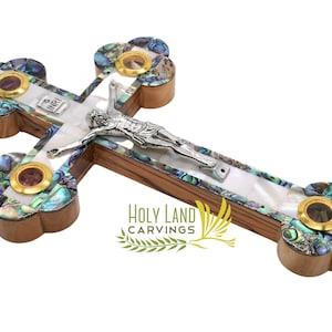 Olive Wood 9 Inch Wall Cross Crucifix Covered with Mother of Pearl Made in the Holy Land - 4 Glasses filled with Holy Relics
