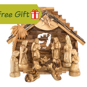 Wooden Nativity Set for Christmas Made of Olive Wood in the Holy Land - 13 Piece Nativity Scene with Music Box - Choose your FREE GIFT