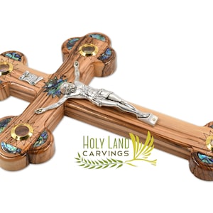 11 Inch Mother of Pearl & Olive Wood Cross Crucifix 4 Lenses with Relics from the Holy Land - Wooden Wall Hanging Cross For Home Décor