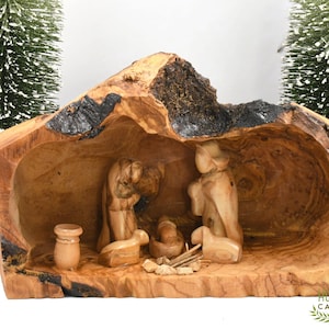 Nativity Scene in Manger carved inside of a Solid Piece of Olive wood Branch, Natural Cave Nativity, Olive Wood Nativity Indoor