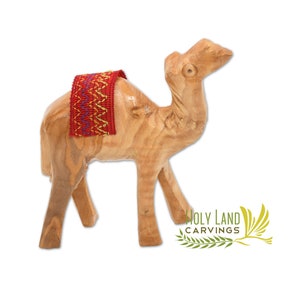 Small Camel Figurine with Red Saddle - Olive Wood Camel Made in the Holy Land - Beautiful Décor piece to add to your nativity