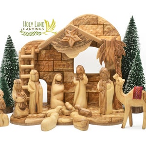 Large Nativity Set, Olive Wood Nativity Set handmade, Wooden Nativity Scene Set Christmas Decor, Musical Nativity Manger Scene Set