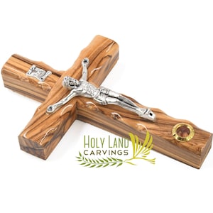 5&quot; Holy Land Crucifix Cross for Wall Décor Made of Olive Wood with a Glass of Incense, Simple Wall Hanging cross for Kids Room + Certificate