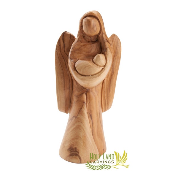 Hand Carved Angel Holding Baby Statue, Olive Wood Angel Figurine Made in the Holy Land, Wooden Angel Statue Gift for Easter or any Occasion